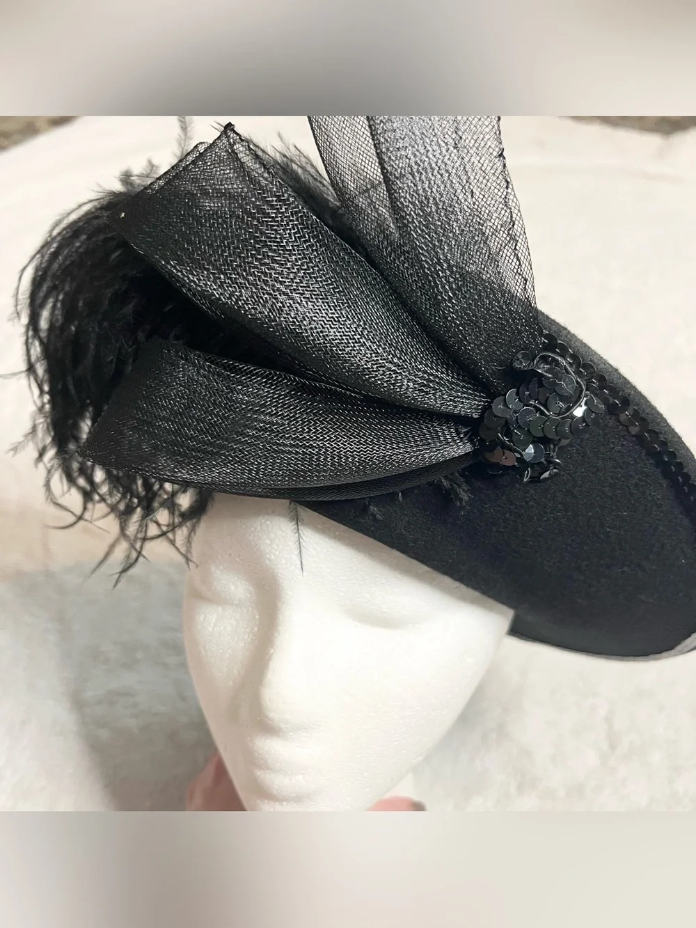 Vintage Black Wool Feathered Organza Fascinator Hat Derby Church Wedding Funeral